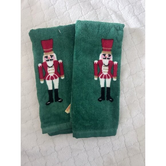 Vintage Green Christmas Toy Soldier Two Hand Towels Hilasal 100% Cotton NWT - Picture 1 of 5
